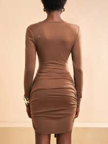 Zivah Women's Chic Coffee Brown Autumn Long Sleeve Round Neck Bodycon Dress,Chest Ruched Panel,Asymmetric Hem Draped Wrap Mini Dress For Party & Night Out - Brown - View 3