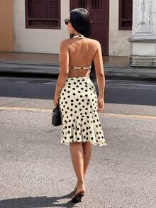 Slaydiva New Summer Style, Perfect For Birthday Parties, Back-To-School, Preppy, Student Wear, Everyday Outings, Basic And Versatile, Casual, Vacation, Cruise Travel, Beach, Seaside, Sunbathing, Online Style, Streetwear, Millennial Y2K Sexy Girl, Halter Neck Sleeveless Backless Ruffle Midi Knee-Length Black And White Polka Dot Dress Polka Dot Dress Women Summer Elegant Dress - Black and White - View 3