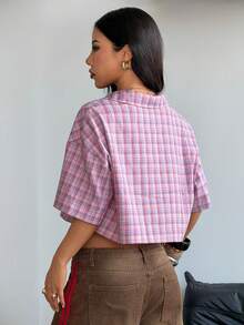 Coolane Áo croptop kẻ caro dáng rộng phong cách vintage mùa xuân/hè cho nữ, màu đỏ, thích hợp cho năm mới. - Hồng - Xem 5