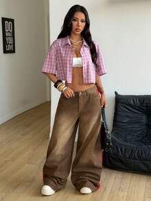 Coolane Áo croptop kẻ caro dáng rộng phong cách vintage mùa xuân/hè cho nữ, màu đỏ, thích hợp cho năm mới. - Hồng - Xem 7