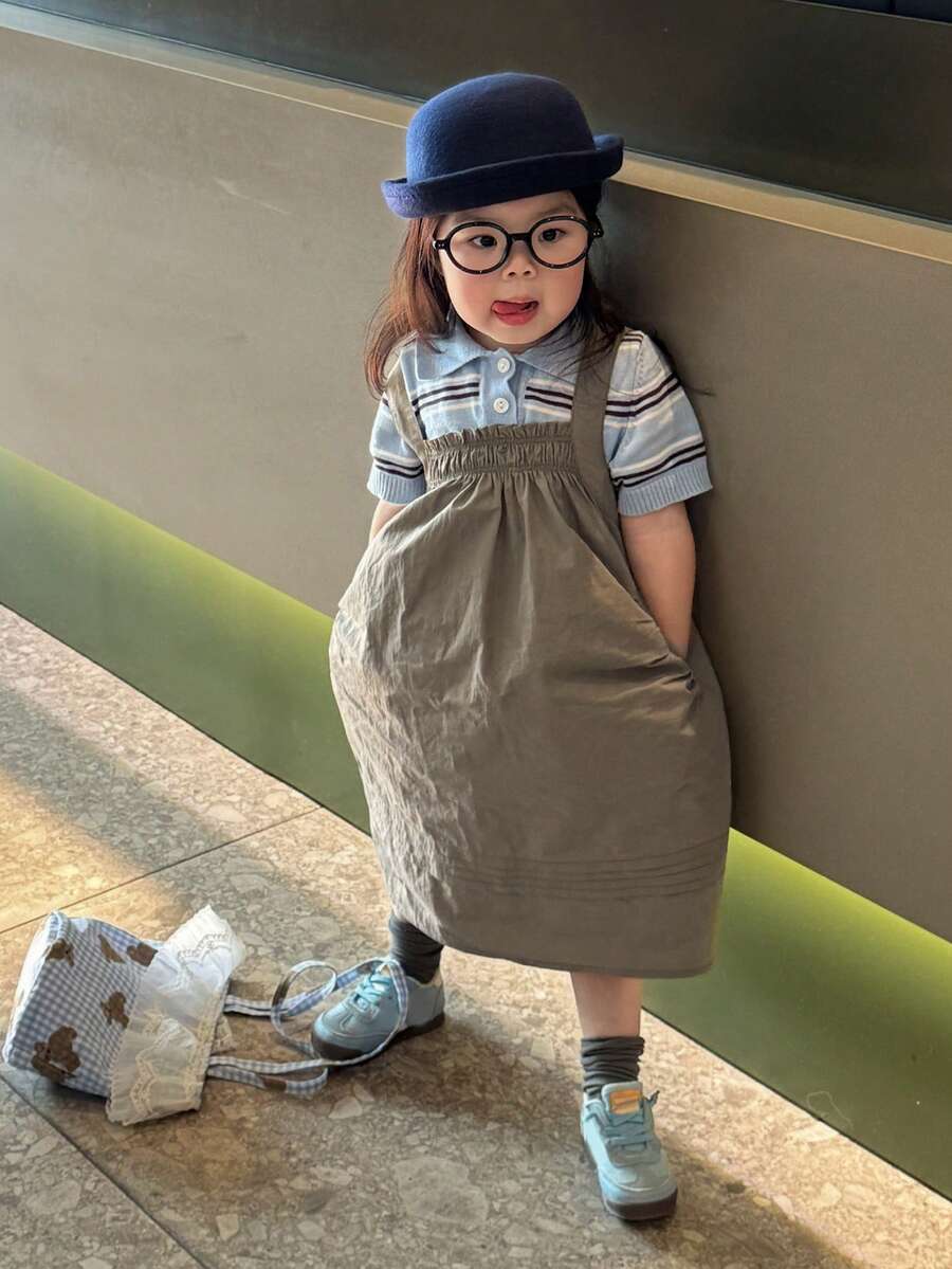 DAZY Baby Girl Casual Loose Slant Pocket Korean Style Layered Dress, Summer - Grey - View 1