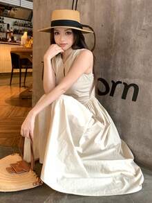 DAZY 女士独特V领无袖中长连衣裙，优雅韩式风格 - 白色 - 查看 7