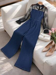 GlowEve Women's Fashion Collared Mesh Patchwork Long Sleeve Sheer Denim Jumpsuit - Blue - View 2