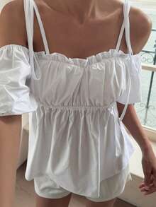 Livesso Áo sơ mi nữ màu trắng bằng cotton, tay phồng, eo thon, thích hợp cho kỳ nghỉ hè. - trắng - Xem 3