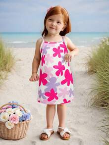 SHEIN Baby Girl Ditsy Floral Knit Casual Strap Dress - Multicolor - View 5