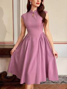 Vintamour 复古经典优雅女式连衣裙，春夏修身新款中式旗袍领连衣裙，纽扣连衣裙，粉紫色连衣裙 - 粉色 - 查看 4