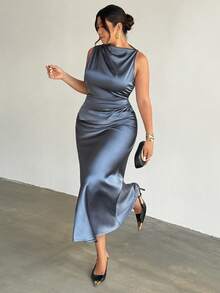 Firerie 大码女士优雅通勤套装，无袖褶皱领高低摆条纹衬衫搭配褶皱腰身超长鱼尾中长裙，蓝色缎面套装，优雅通勤女装，春夏秋季皆宜，风格优雅，通勤，性感，波西米亚风，音乐节，浪漫，约会，派对，婚礼季，毕业礼服，舞会礼服，演出服，演唱会服装，工作服，返校季，女士度假装，女士生日装，女士教师装 - 藍色 - 查看 1