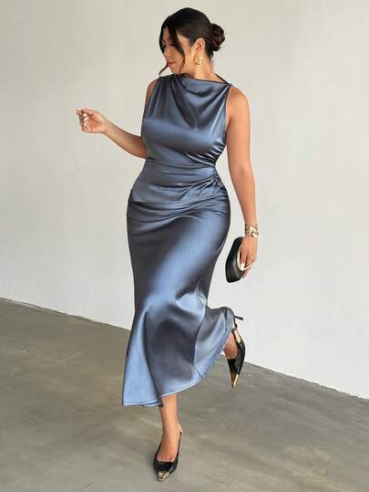 Firerie 大码女士优雅通勤套装，无袖褶皱领高低摆条纹衬衫搭配褶皱腰身超长鱼尾中长裙，蓝色缎面套装，优雅通勤女装，春夏秋季皆宜，风格优雅，通勤，性感，波西米亚风，音乐节，浪漫，约会，派对，婚礼季，毕业礼服，舞会礼服，演出服，演唱会服装，工作服，返校季，女士度假装，女士生日装，女士教师装