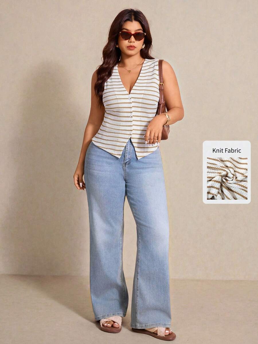 Elaquor Plus Size Women Casual Minimalist All-Match Striped V-Neck Top, Versatile For Spring/Summer Casual Vacation Top Spring/Summer Top For Women Spring Outfit Women - Multicolor - View 1