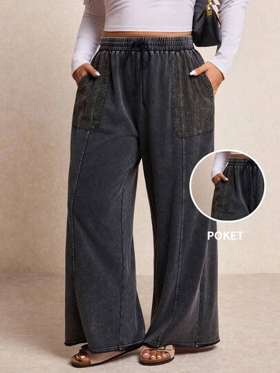 Elaquor Pantalones anchos de cintura con cordón y bolsillos, versátiles y casuales, para uso diario en primavera, talla grande