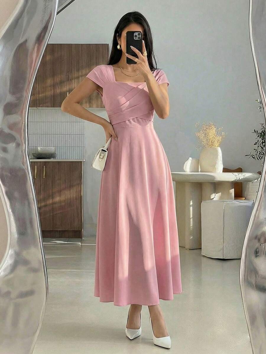 Modelyn Women's Square Neck Wrap Elegant Dress, Spring/Summer - Pink - View 1