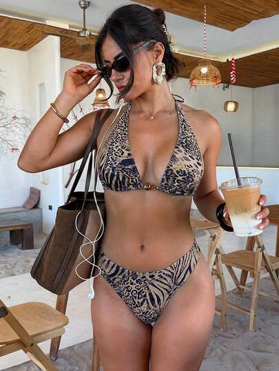 Swim SXY 夏季斑马纹和豹纹随机串珠装饰露背系带性感女士沙滩比基尼泳装套装