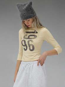 COUREZ Long Sleeve Jersey Top With Front Graphic Print /Y2K Long Sleeve Tops Going Out Tops Women Tops Winter Clothes For Women Blue Top Graphic Tees Women Cute Tops Summer Tops Summer Outfits - Pale Yellow - View 3