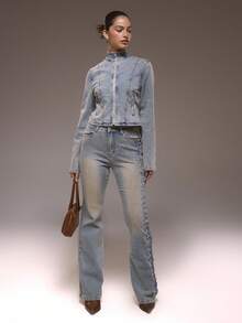 MUSERA Áo khoác denim dáng ôm cổ cao buộc dây, chỉ dành cho mùa đông, phong cách đường phố dễ thương, thích hợp đi chơi, phong cách phương Tây, màu bạc phai. - Rửa trung bình - Xem 5