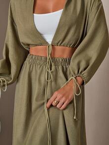 RueChic Bộ đồ hai mảnh dành cho nữ, tay phồng, dáng rộng, màu trơn. - Màu xanh Ô liu - Xem 7