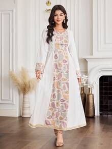 Yasmyna Modest Embroidered Collar Arabic Style Dress For Women - Multicolor - View 2