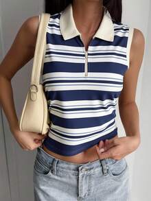 DAZY Áo tank top cổ bẻ kẻ sọc nữ, kiểu dáng thường ngày, phong cách mùa hè Y2K - Màu xanh hải quân - Xem 5