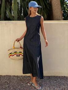 Livesso Sleeveless Denim Dress With Waist Seam For Women - Blue - View 6