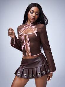 Y2Kool Women's Contrast Color Fitted Long Sleeve Sexy Top, Suitable For Autumn, Winter, Summer, Street Style Y2K - Brown - View 4