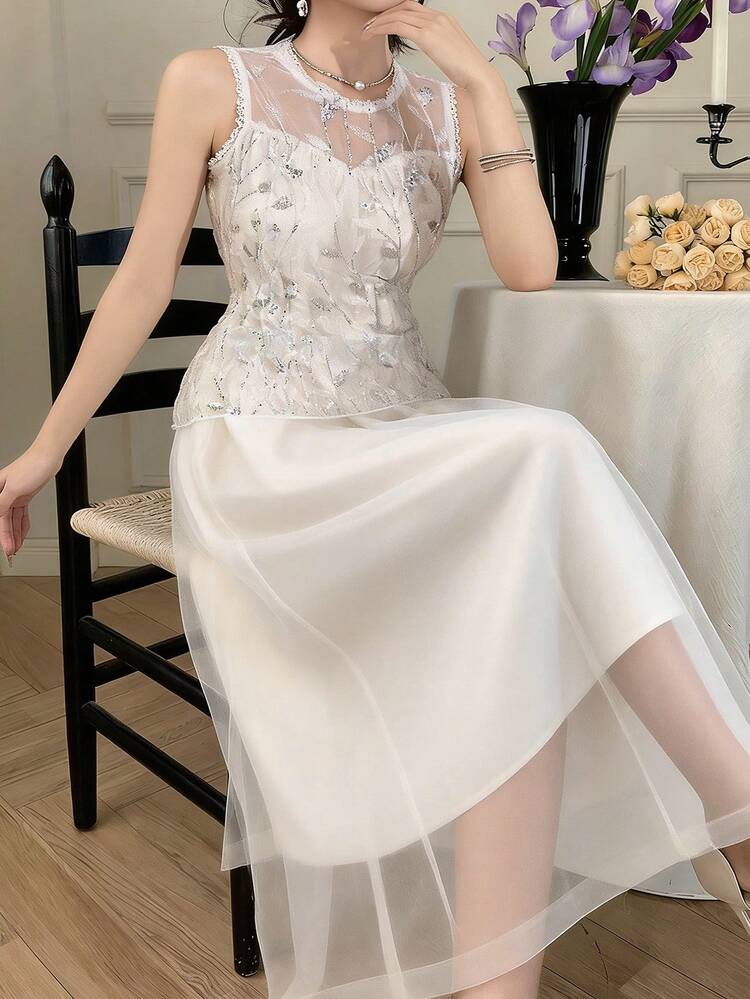 Women's Elegant Sequin Floral Mesh Sleeveless Waist Cinched Dress, Summer Sundress