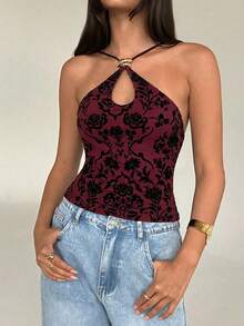 Aloruh 女士性感交叉绑带金属扣装饰黑色植绒印花上衣 - 酒紅色 - 查看 4