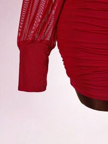 Amplova Plus Size Solid Color V-Neck Waist Fitted Bodycon Dress For Women - Red - View 8