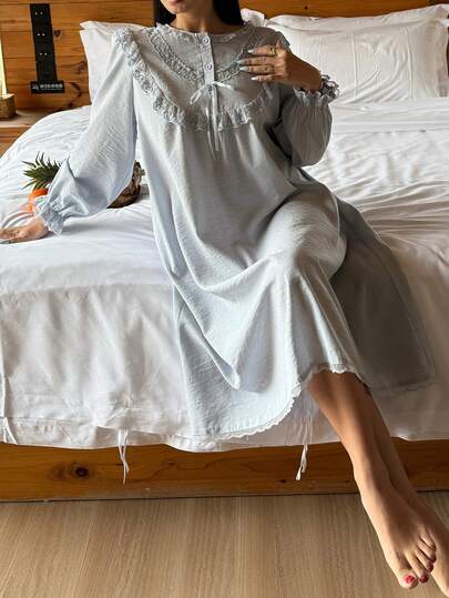 DAZY Áo ngủ dài tay màu trơn có dây buộc nơ dành cho nữ