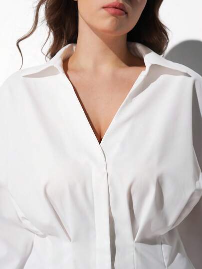 Maija Plus Size 2026 New Early Spring Colorblock Long Sleeve V-Neck Design Waist Cinched Women Shirt, Suitable For Modern Urban Party, Back To School Season, Casual Minimalist Fashion For Daily, Bohemian Style, Vacation, Holiday, Spring  St Patrick's Day Women Easter Summer Outfits Easter Dress Women Party Top Beach Dress Summer Holiday Outfits Each Vacation Outfits For Women  Summer Outfit For Women Going Out Outfits Graduation Graduation Outfit  Casual Dresses  Casual Blouses For Women