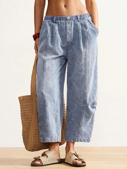 Bohemela 大码女式碎花图案松紧腰带口袋锥形休闲牛仔裤