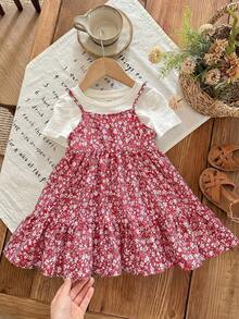 SHEIN LMoss Kids 女婴夏季可爱碎花吊带连衣裙和短袖针织上衣套装 - 紅色 - 查看 1