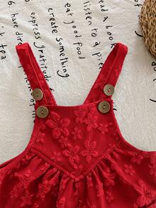 SHEIN LMoss Kids 女婴夏季休闲度假通勤纯色提花吊带连体衣 - 紅色 - 查看 6