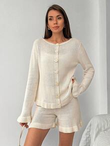 SHEIN Cute Ruffle Hem Knit Cardigan Top And Mini Shorts Set - Apricot - View 5