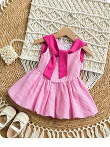 SHEIN Bộ áo liền quần 2 trong 1 kiểu dáng mùa hè dễ thương cho bé gái, phối màu sọc, kiểu dáng sinh viên. - Hồng - Xem 10