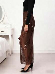 NOVVYNE Sequin Mesh Embroidered Sexy Fashion Date Night Straight Elastic Waist Fitted Skirt - Brown - View 4