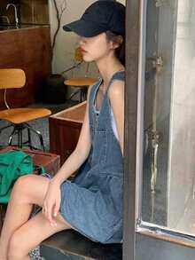 DAZY Women's V-Neck Single-Breasted Casual Pocket Strap Denim Dress - Blue - View 7