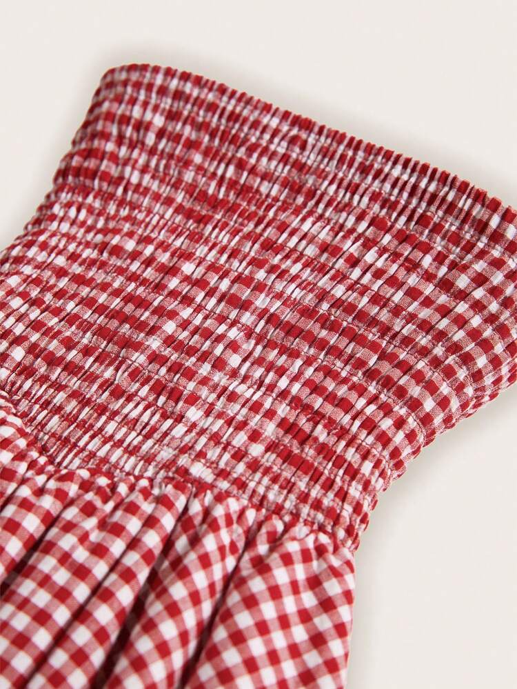 SHEIN PETITE Vestido formal de noche de línea A con hombros descubiertos a cuadros rojos, sin mangas, plisado, hasta el tobillo, para citas, vestido largo a cuadros, vestido de mujer para vacaciones, vestido de picnic, Día de San Valentín - Rojo - Añade 15