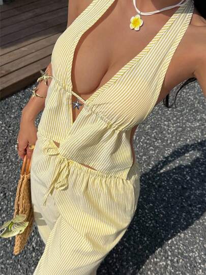SHEIN EZwear Women's Striped Print Halter Top And Wide Leg Pants Set,Butter Yellow,Spring Outfit Women,Summer ,Going Out Set For Women,Vacation Outfits Women