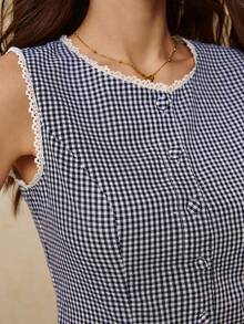 Poéselle 女士圆领无袖格子蕾丝边前开襟纽扣时尚夏季衬衫 - 藏蓝色 - 查看 4