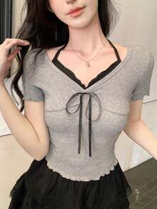 DAZY 女士二合一露背系带蝴蝶结短袖T恤 - 灰色 - 查看 5