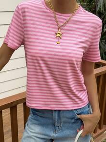 Livesso Pink Round Neck Striped Loose Fit Women's Short Sleeve T-Shirt, Summer - Pink - View 5