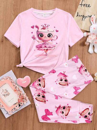 SHEIN 2pcs Baby Girl Knitted Cute Pattern Round Neck Casual T-Shirt And Long Pants Homewear Set