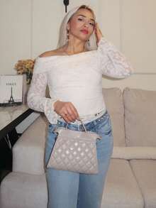 salliqueen Lace Top Holiday Elegant Lace Top Sheer Top Off Shoulder Top Women Off Shoulder Long Sleeve Minimalist T-Shirt, Casual Daily Wear Winter Chic White - White - View 6