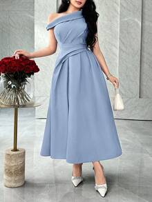 Feyla Asymmetric Ruched Waist A-Line Elegant Party Dress, Suitable For Social Gatherings - Baby Blue - View 2