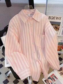 Camisa de manga larga con botones delanteros de unicolor, estilo sencillo para uso diario, talla grande - Rosa - Ver 7