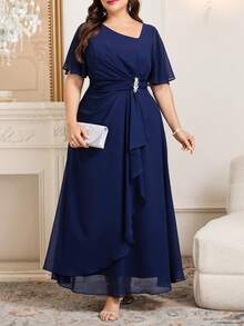 Ellevyn Đầm dài màu xanh dương thanh lịch dành cho nữ cỡ lớn, đính đá lấp lánh, tay ngắn, vạt bất đối xứng, đầm tay ngắn mùa hè. - Màu xanh lam - Xem 10