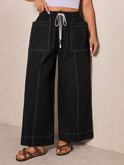 Elaquor 大码女式休闲抽绳腰宽松直筒裤阔腿裤曲线夏季女式阔腿裤大码喇叭裤春夏休闲度假裤