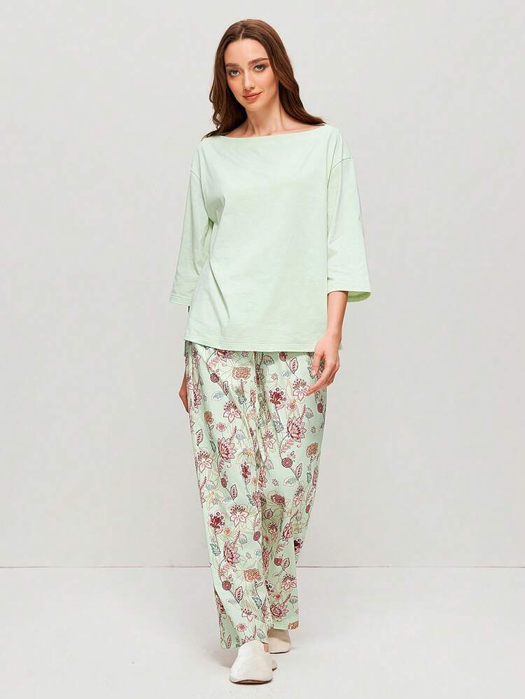 Cotton Boatneck Top & Floral Print Pants PJ Set