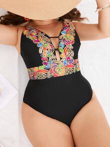 Swim Chiccia Plus Size Women One-Piece Solid Color Black Slim Fit Fashionable Casual Swimsuit With V-Neck, Suitable For Vacation And Daily Wear - Black - View 1