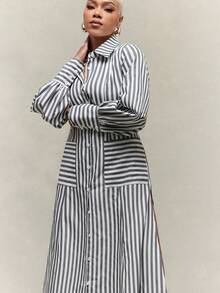 Stripe Oversized Balloon Long Sleeve Button Down Shirt Dress - Black and White - View 5