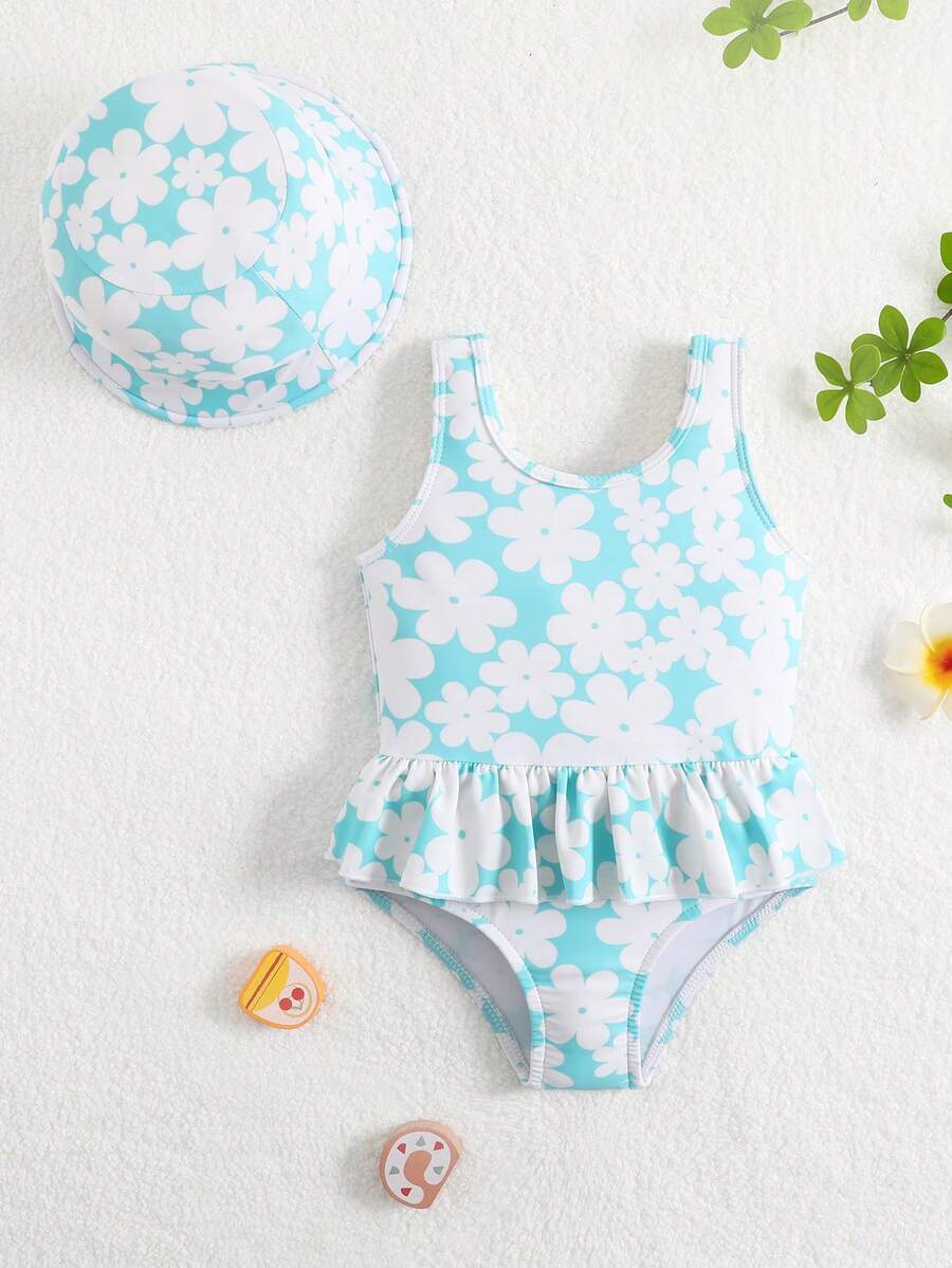 Baby Girls Light Blue Floral Print Swimsuit,Sleeveless Skirt Style One-Piece Beachwear - Teal Blue - View 1